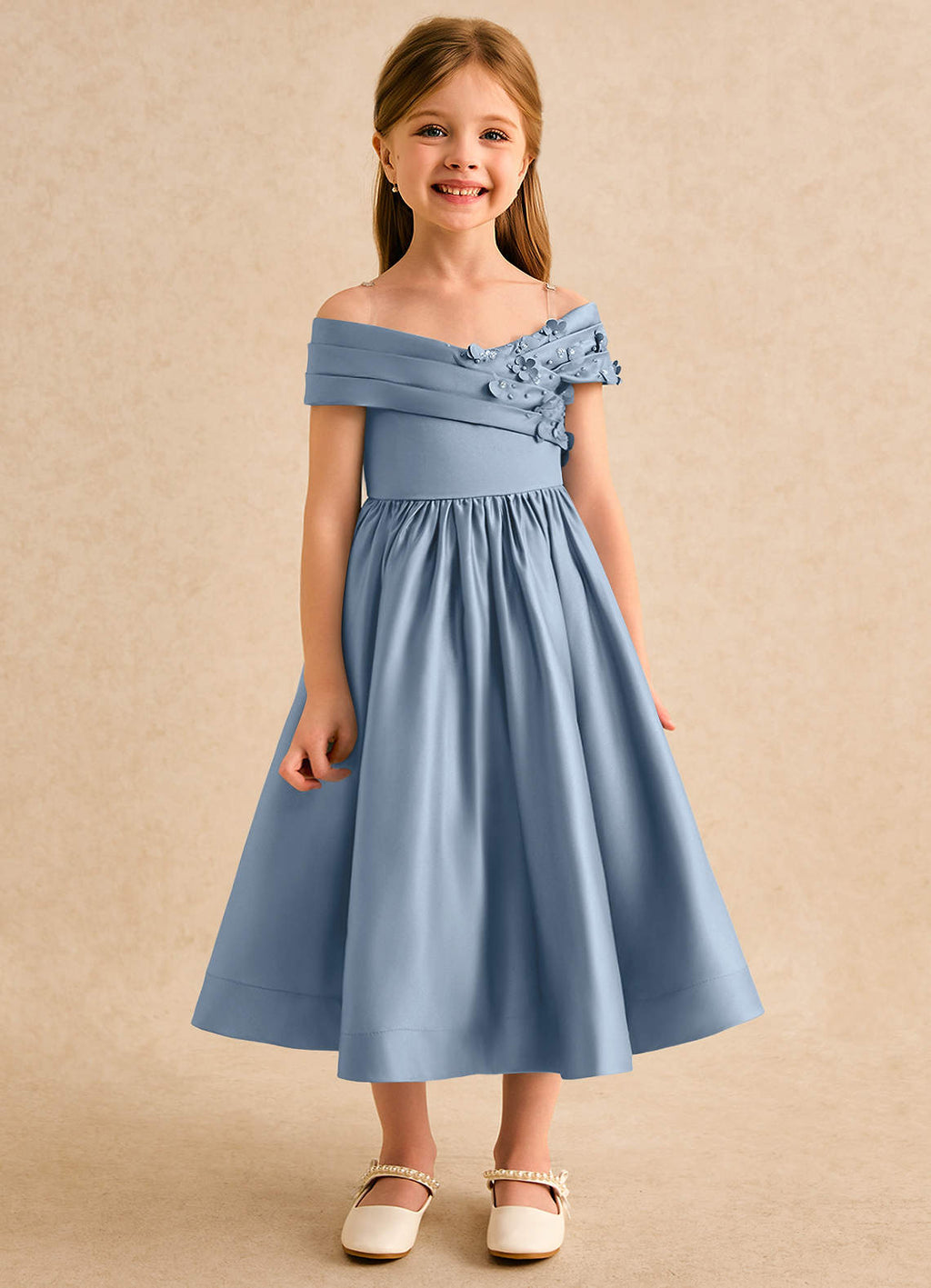 Garanium deedee ball gown off the shoulder matte satin tea length flower girl dress