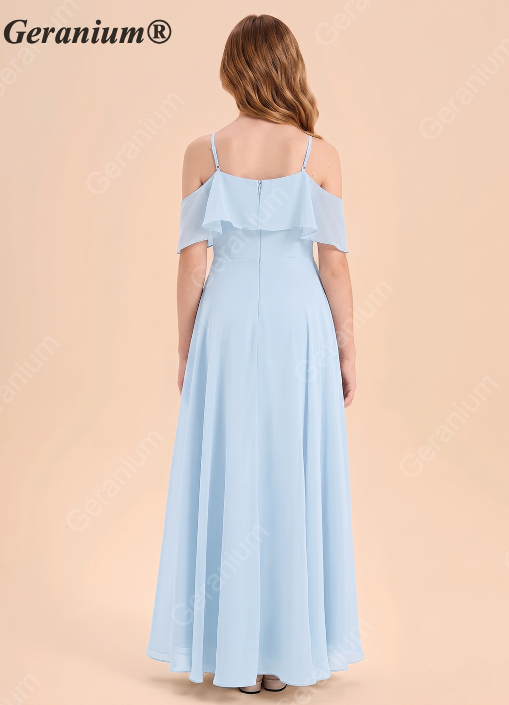 Geranium Cold-Shoulder Chiffon Bridesmaid Gown: Ruffled Halter Neckline, A-Line Floor-Length KD-175