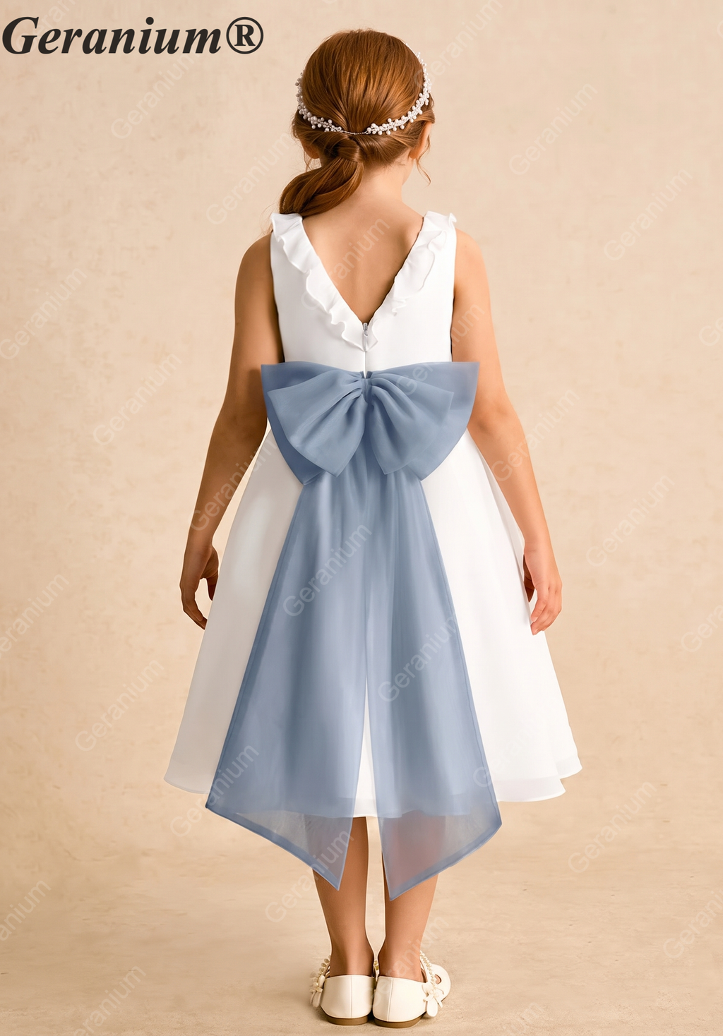 Geranium Elegant White Chiffon Flower Girl Dress with Dusty Blue Detachable Bow Sash & Ruffle Neckline KD-284