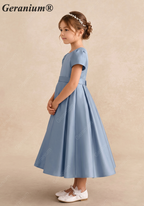 Geranium Elegant Dusty Blue Satin Flower Girl Dress - Puffy Short Sleeve Princess Gown with Back Bow KD-191