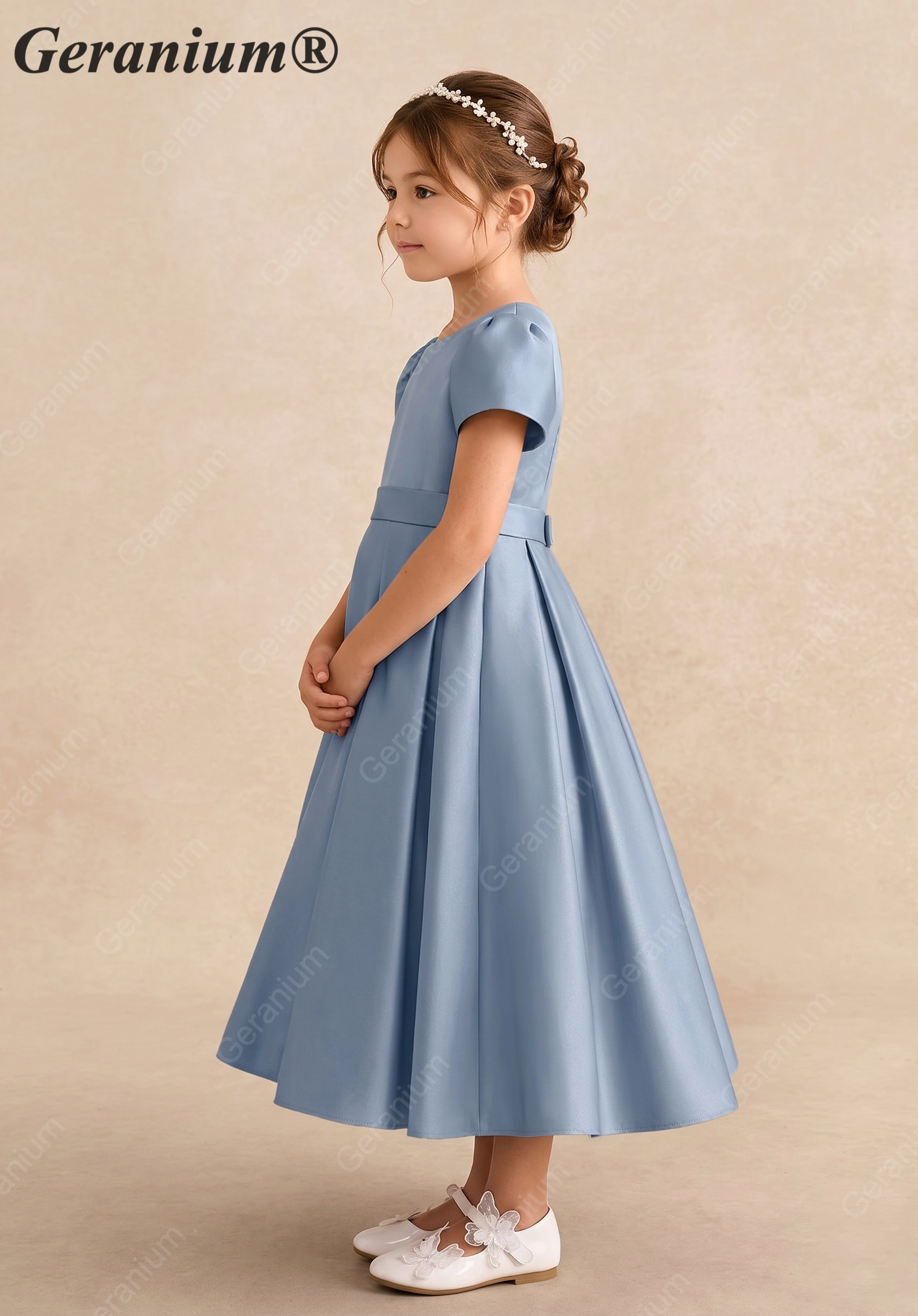 Geranium Elegant Dusty Blue Satin Flower Girl Dress - Puffy Short Sleeve Princess Gown with Back Bow KD-191