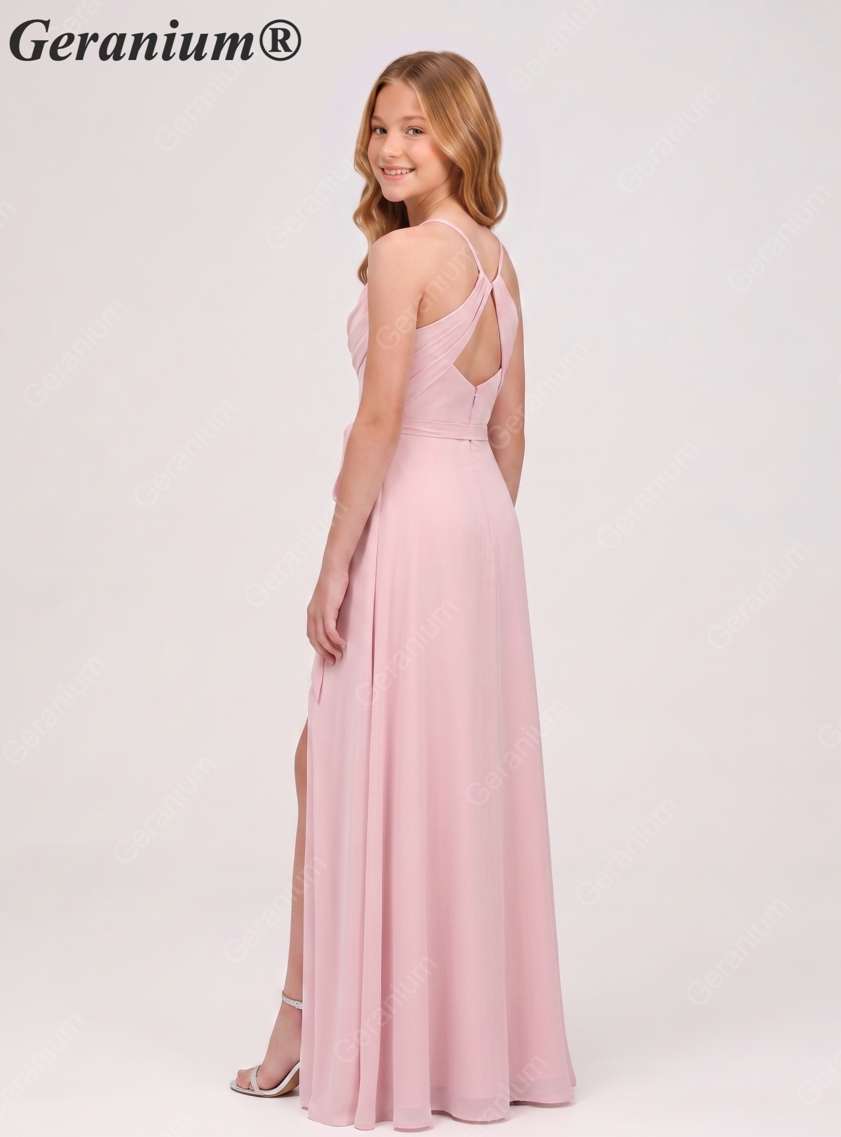 Geranium Elegant Cowl Neck Chiffon Junior Bridesmaid Dress with Side Slit & Waist Bow – KD-311 Image secondaire du produit