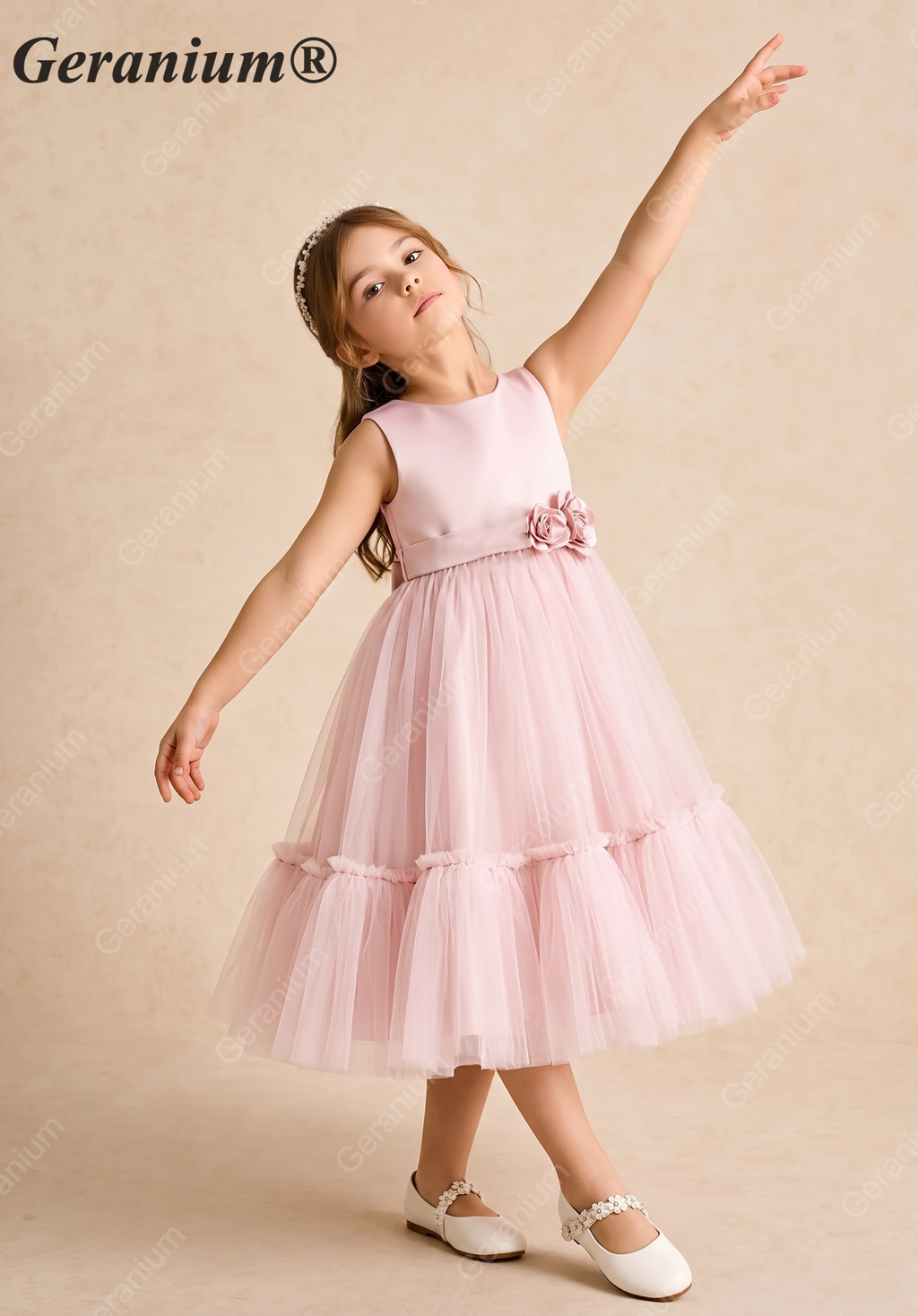 Geranium Elegant Blush Pink Tulle Flower Girl Dress - Satin Bodice with Handmade 3D Rosettes KD-206