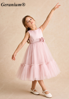 Geranium Elegant Blush Pink Tulle Flower Girl Dress - Satin Bodice with Handmade 3D Rosettes KD-206