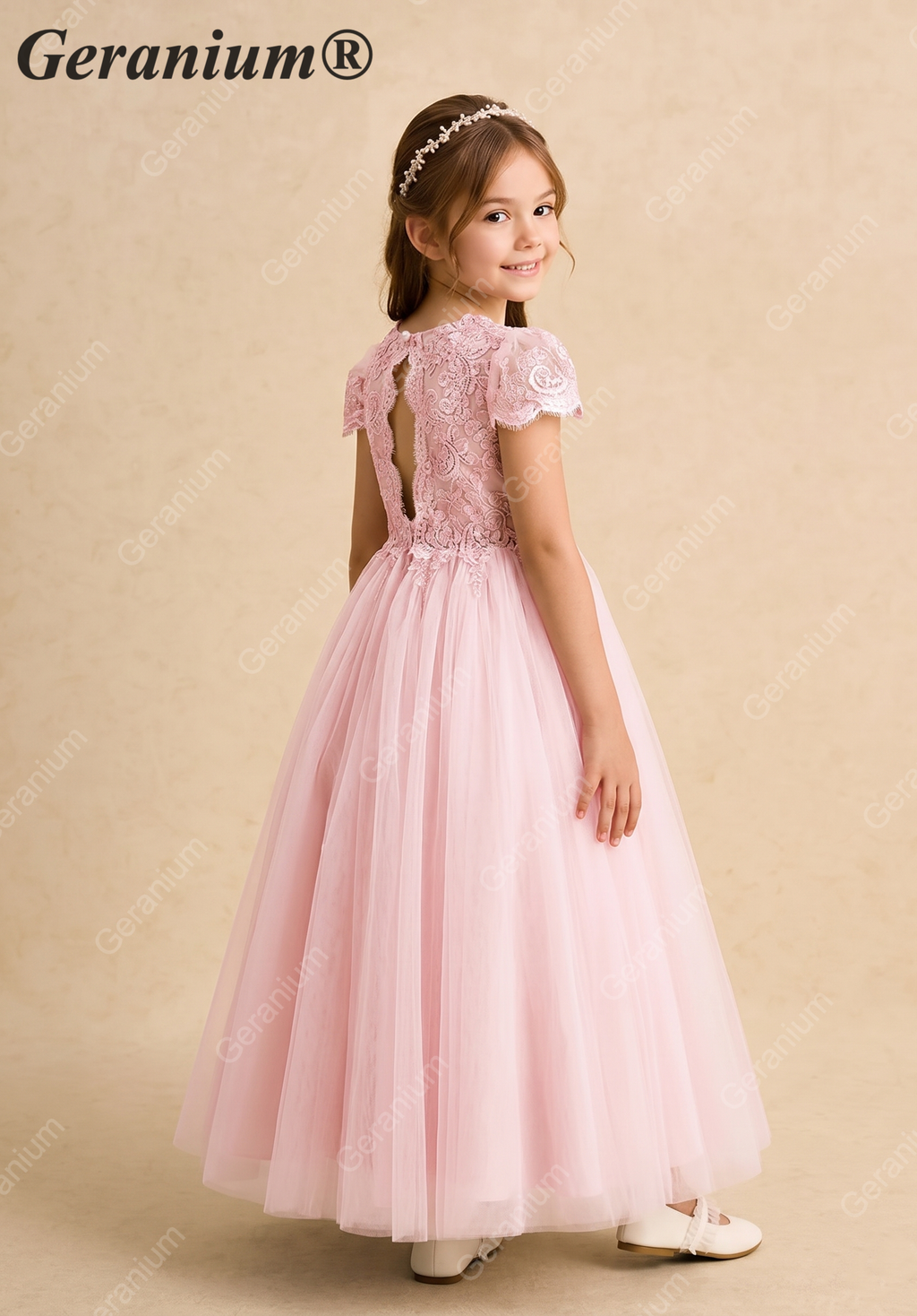 Geranium Elegant Lace Applique Tulle Flower Girl Dress - Scalloped Open Back Floor Length Ball Gown for Weddings & Special Occasions KD-212