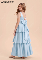 Geranium Elegant Dusty Blue Tiered Chiffon Junior Bridesmaid Dress with Bow Back – Sleeveless A-Line Floor Length KD-64