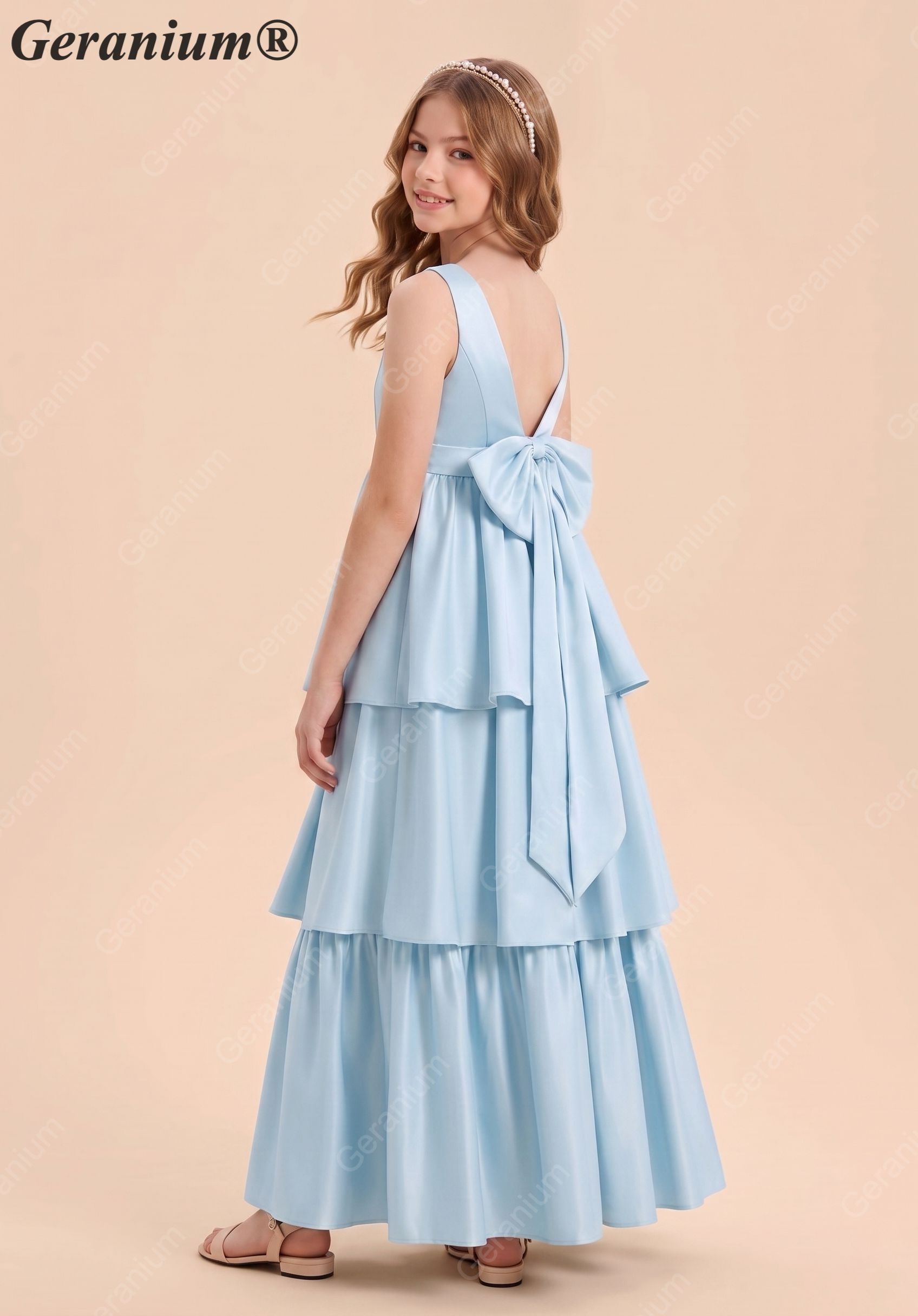 Geranium Elegant Dusty Blue Tiered Chiffon Junior Bridesmaid Dress with Bow Back – Sleeveless A-Line Floor Length KD-64