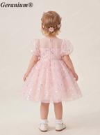 Geranium Sparkling Pink Sequined Flower Girl Dress with Puff Sleeves - Enchanted Butterfly Toddler Princess Gown for Birthdays & Weddings KD-367