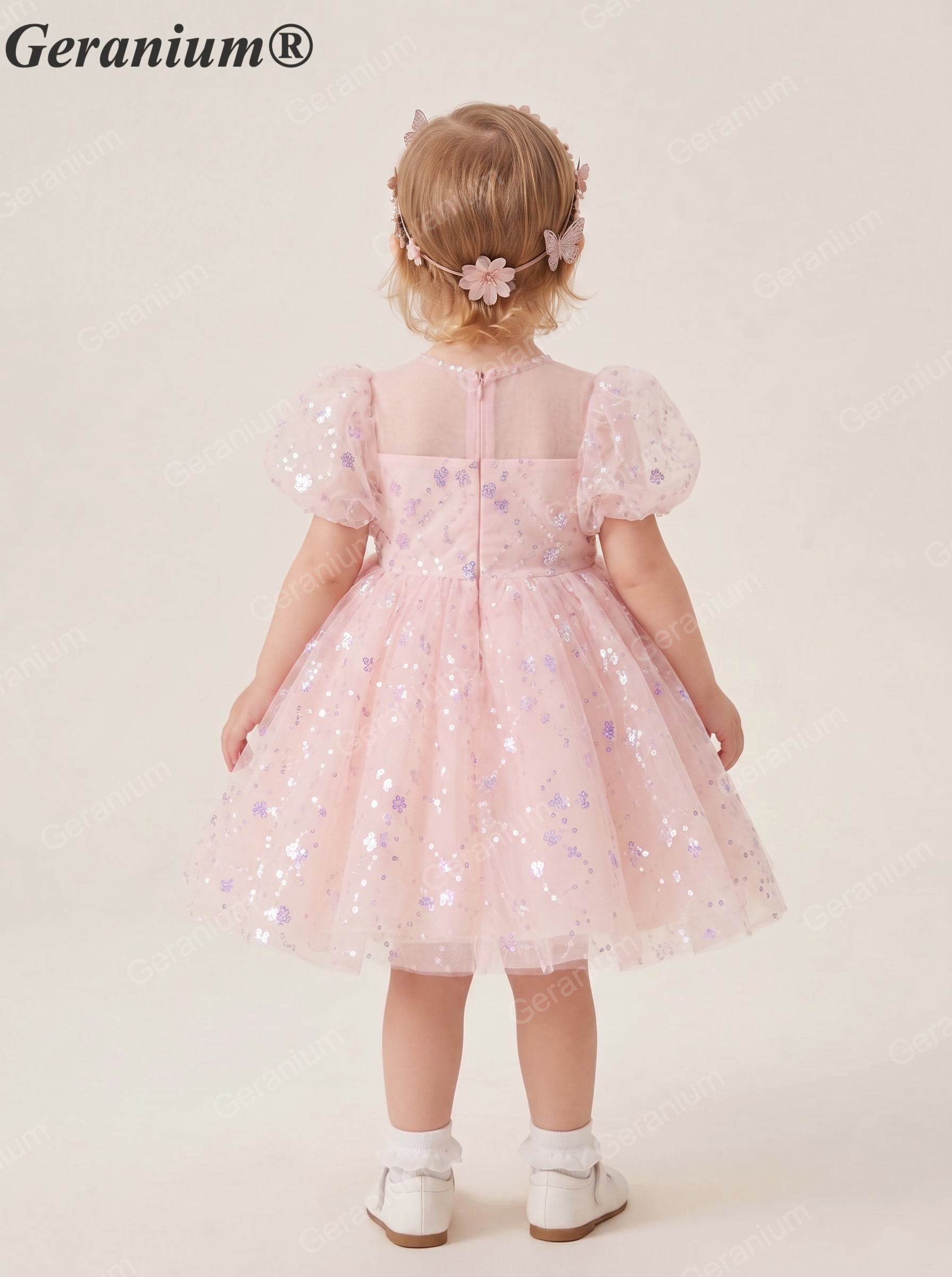 Geranium Sparkling Pink Sequined Flower Girl Dress with Puff Sleeves - Enchanted Butterfly Toddler Princess Gown for Birthdays & Weddings KD-367