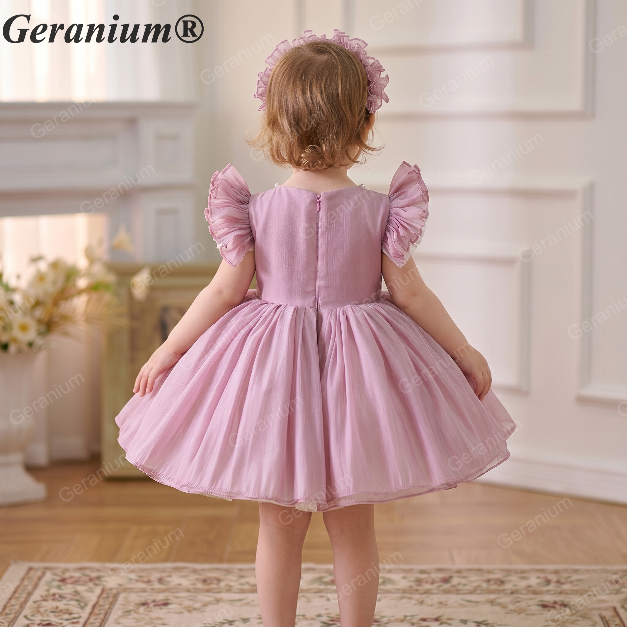 Geranium Toddler Girl Tulle Party Dress with Pearl Neckline and Ruffled Cap Sleeves - Perfect for Birthdays, Flower Girls, Formal Events KD-371