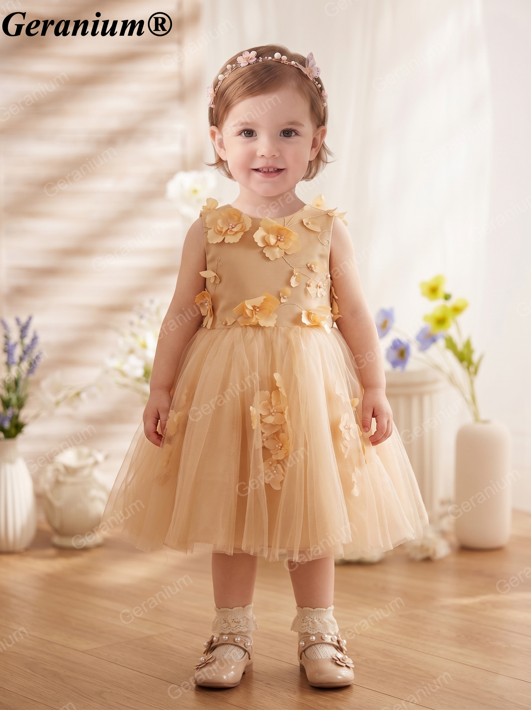 Geranium Toddler Girl Champagne Gold 3D Floral Tulle Dress - Elegant Flower Girl Wedding Party Gown with Back Bow KD-27 Main image