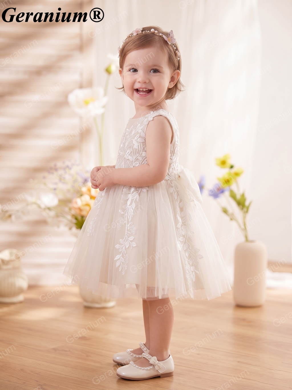 Geranium Elegant Champagne Floral Embroidery Flower Girl Dress with Oversized Back Bow KD-25