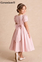 Geranium Elegant Puff Sleeve Satin Flower Girl Dress with Back Bow - Pink Formal Party Gown for Kids KD-254