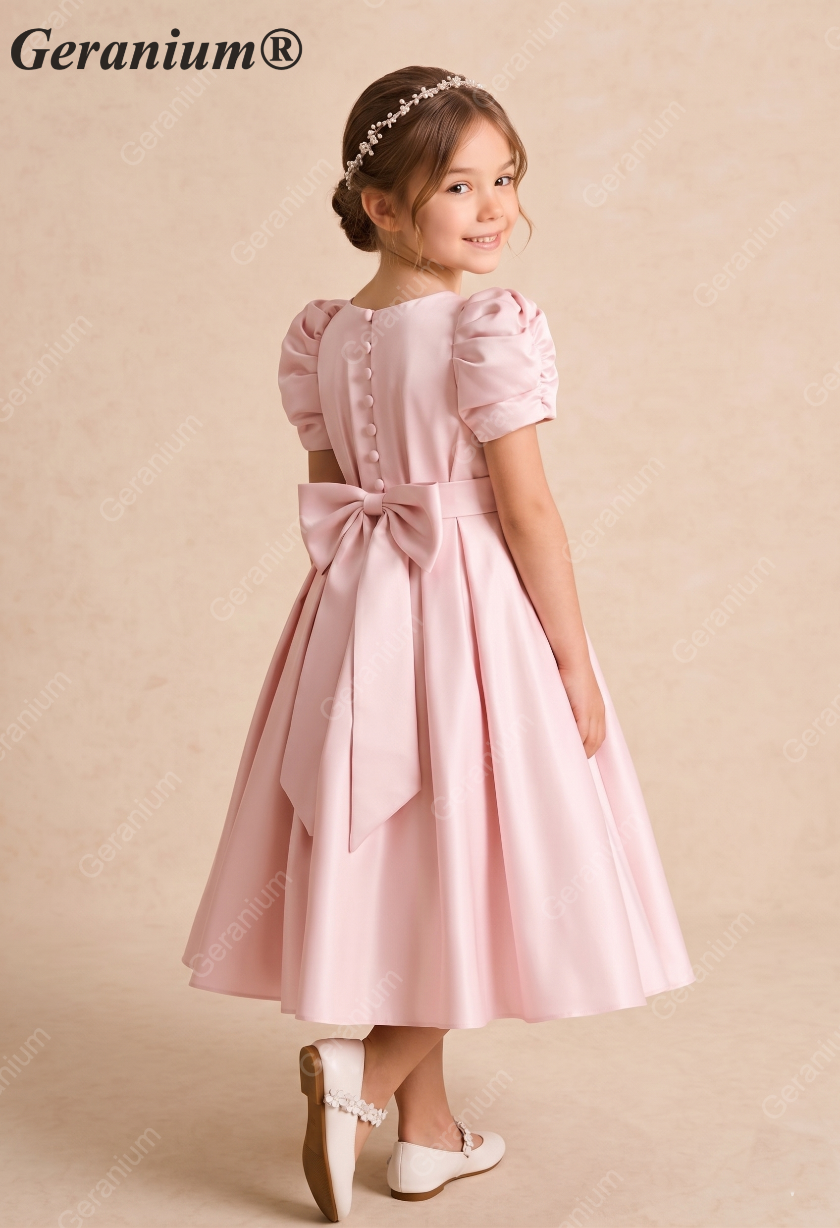 Geranium Elegant Puff Sleeve Satin Flower Girl Dress with Back Bow - Pink Formal Party Gown for Kids KD-254