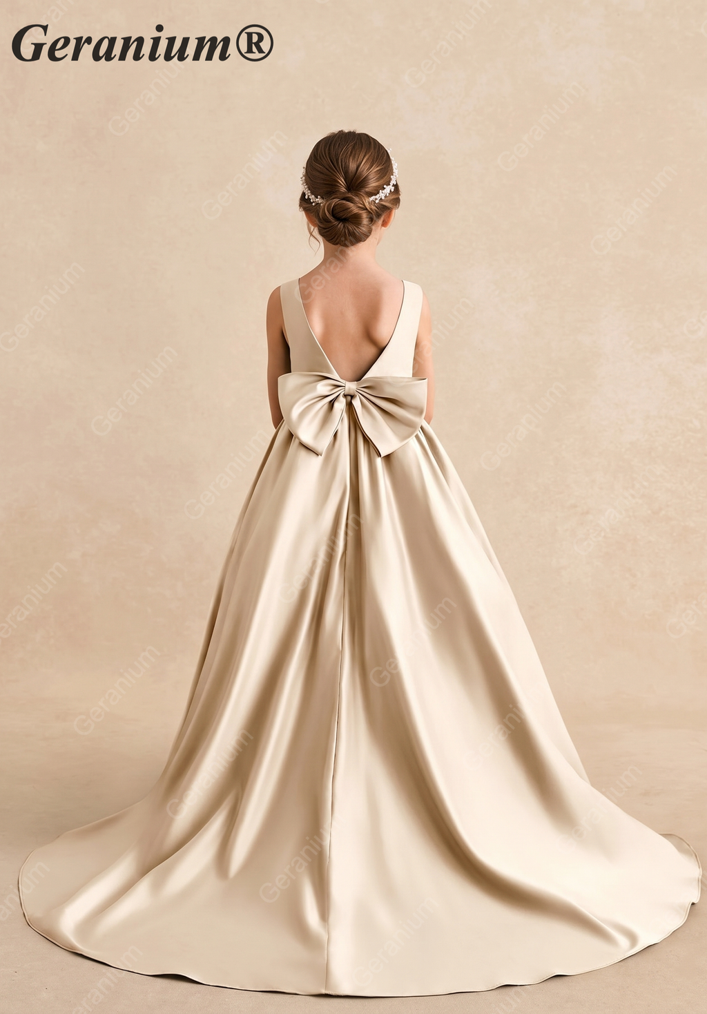 Geranium Elegant Champagne Satin Flower Girl Dress with Oversized Bow and Sweep Train KD-181
