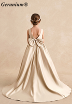 Geranium Elegant Champagne Satin Flower Girl Dress with Oversized Bow and Sweep Train KD-181