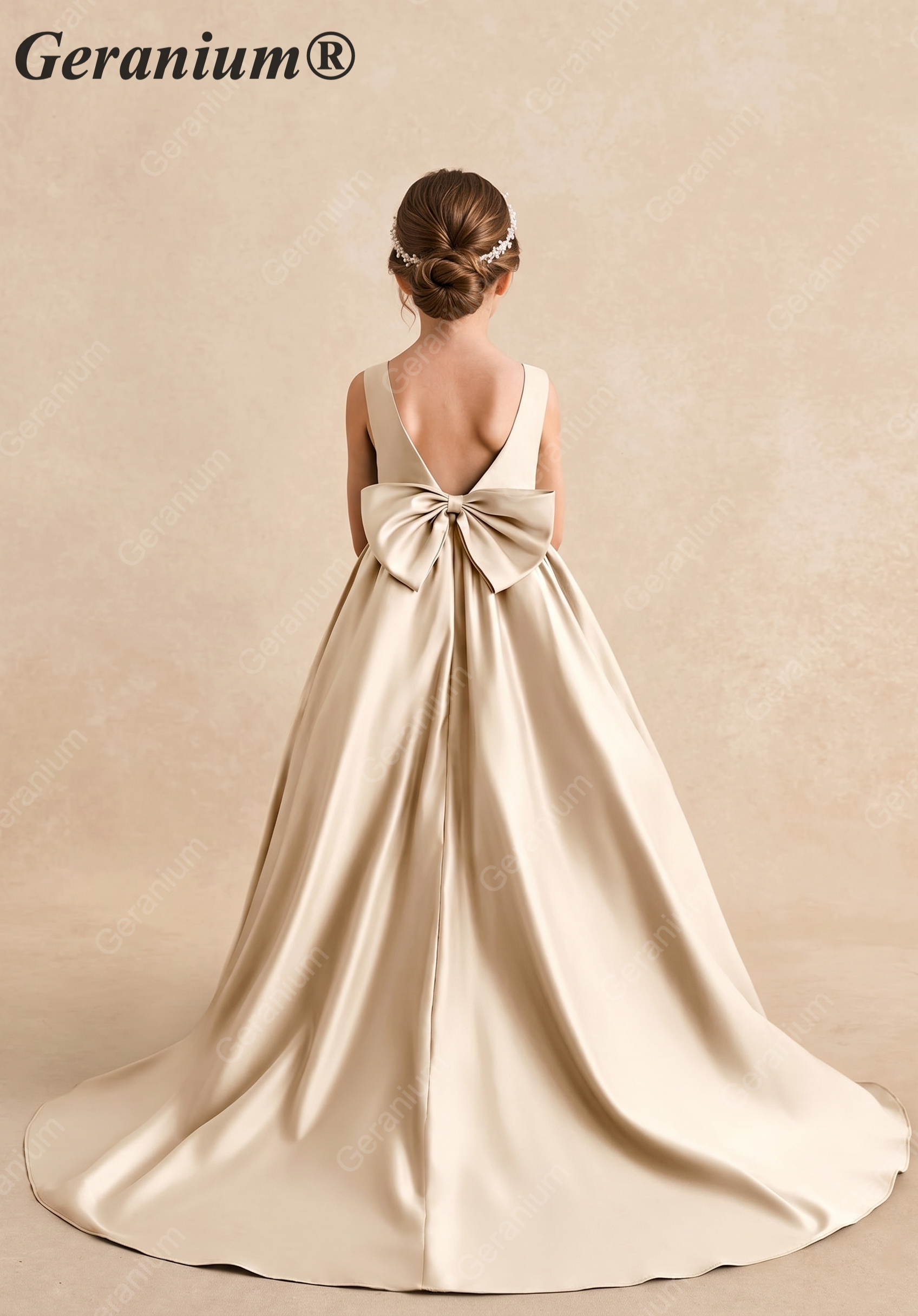 Geranium Elegant Champagne Satin Flower Girl Dress with Oversized Bow and Sweep Train KD-181