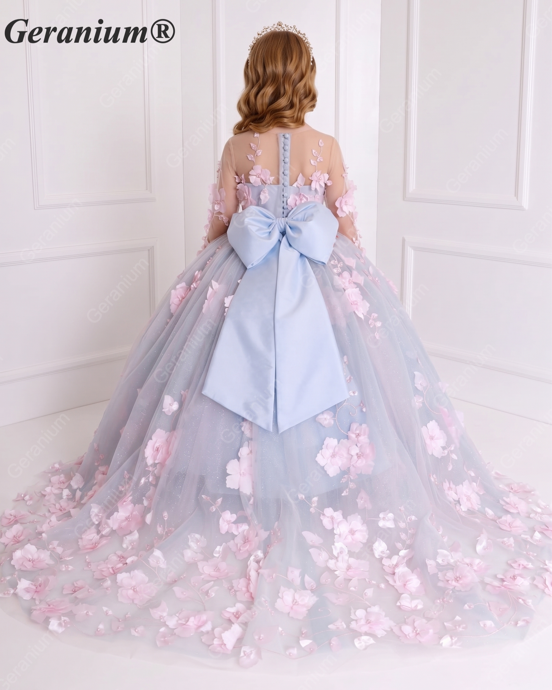 Geranium Junior Bridesmaid & Pageant Gown: Sky Blue 3D Floral Cathedral Train Dress KD-378 Secondary image