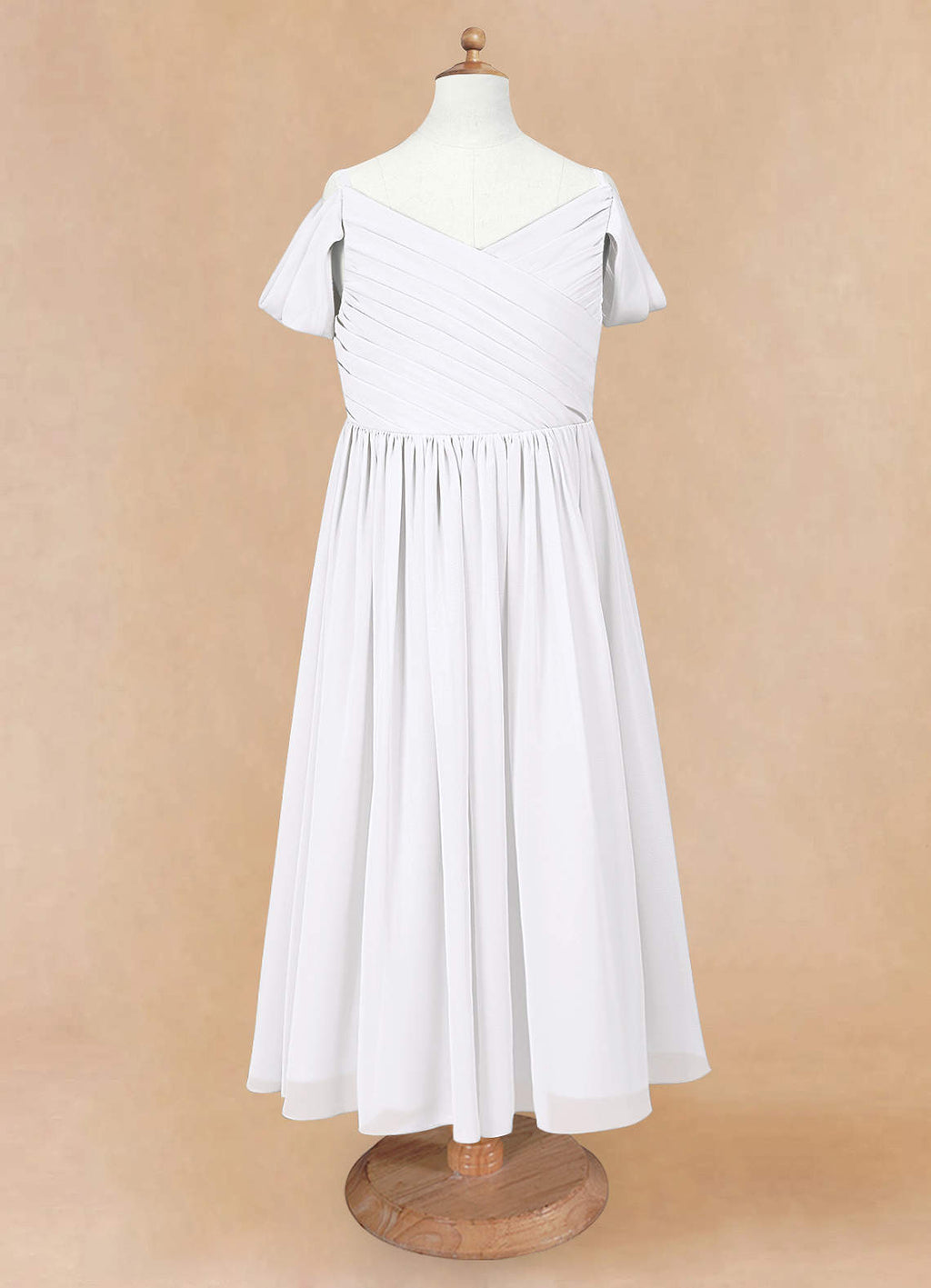 Geranium Cold Shoulder Chiffon Flower Girl Dress with Ruched V-Neck Bodice KD-260
