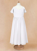 Geranium Cold Shoulder Chiffon Flower Girl Dress with Ruched V-Neck Bodice KD-260