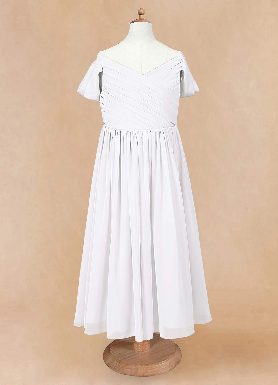 Geranium Cold Shoulder Chiffon Flower Girl Dress with Ruched V-Neck Bodice KD-260