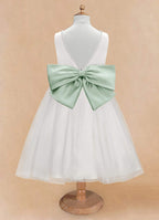 Geranium Elegant Pearl V-Neck Flower Girl Dress with Detachable Sage Green Satin Back Bow KD-298