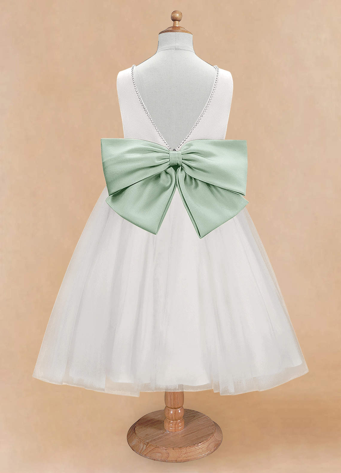 Geranium Elegant Pearl V-Neck Flower Girl Dress with Detachable Sage Green Satin Back Bow KD-298