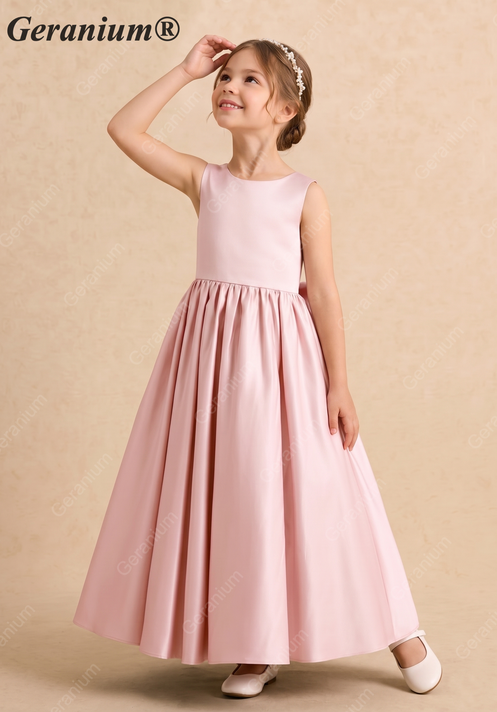 Geranium Girl’s Pink Satin Ballgown Flower Girl Dress, Open Back with Big Bow and Crystal Button, Sleeveless Floor-Length Gown for Wedding Guest & Formal Party KD-271