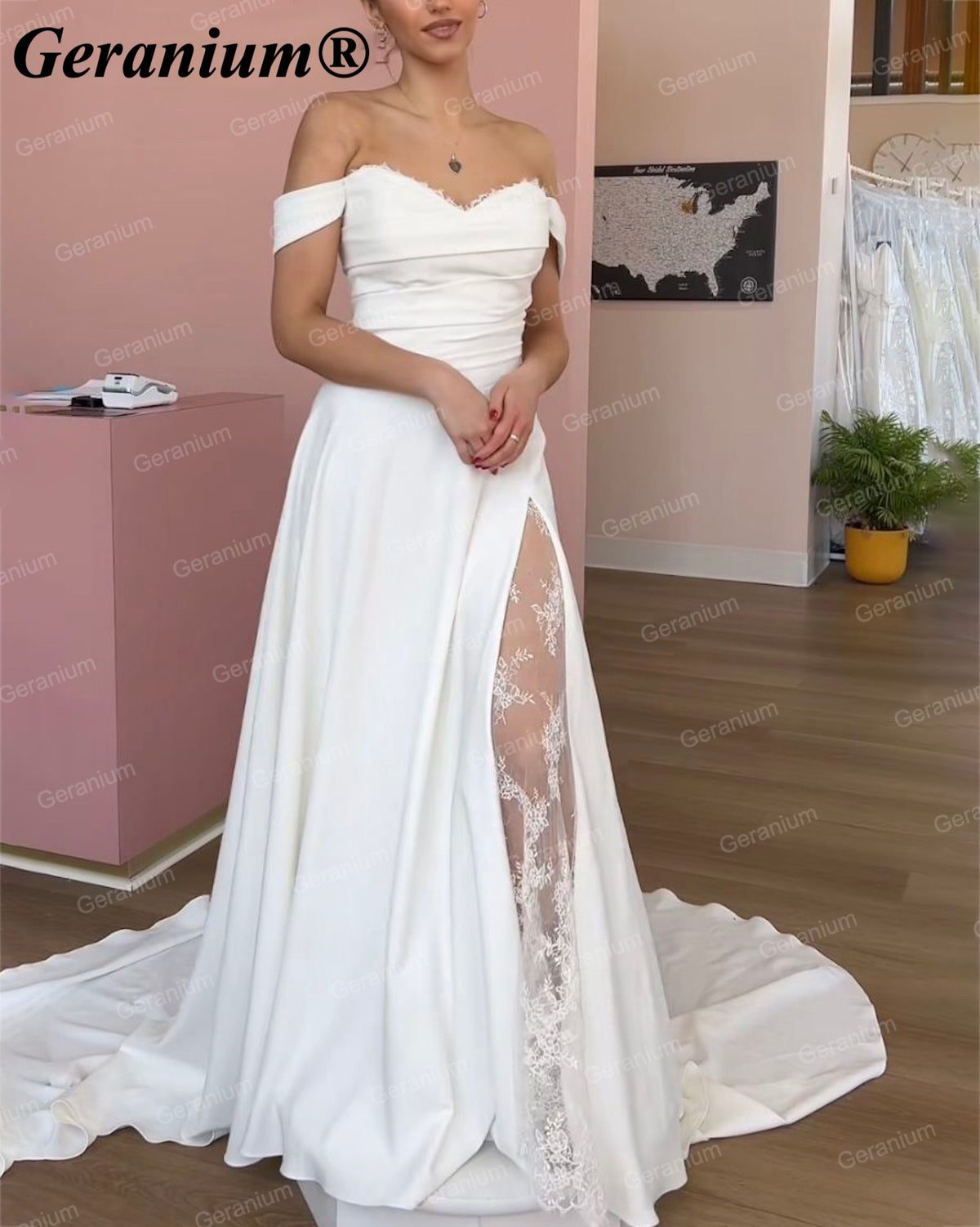 Geranium Off-the-Shoulder Satin A-Line Wedding Dress with Lace Slit – GER125