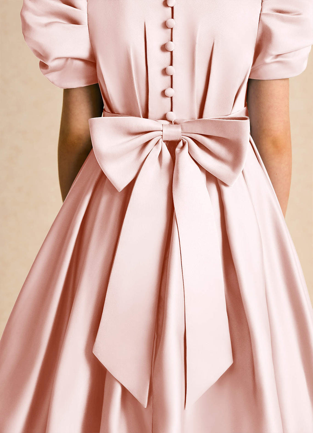 Geranium Elegant Puff Sleeve Satin Flower Girl Dress with Back Bow - Pink Formal Party Gown for Kids KD-254