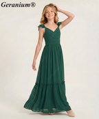 Geranium unior Dark Green Chiffon Ruffled Off-the-Shoulder Bridesmaid Maxi Dress with Tiered Hem KD-327