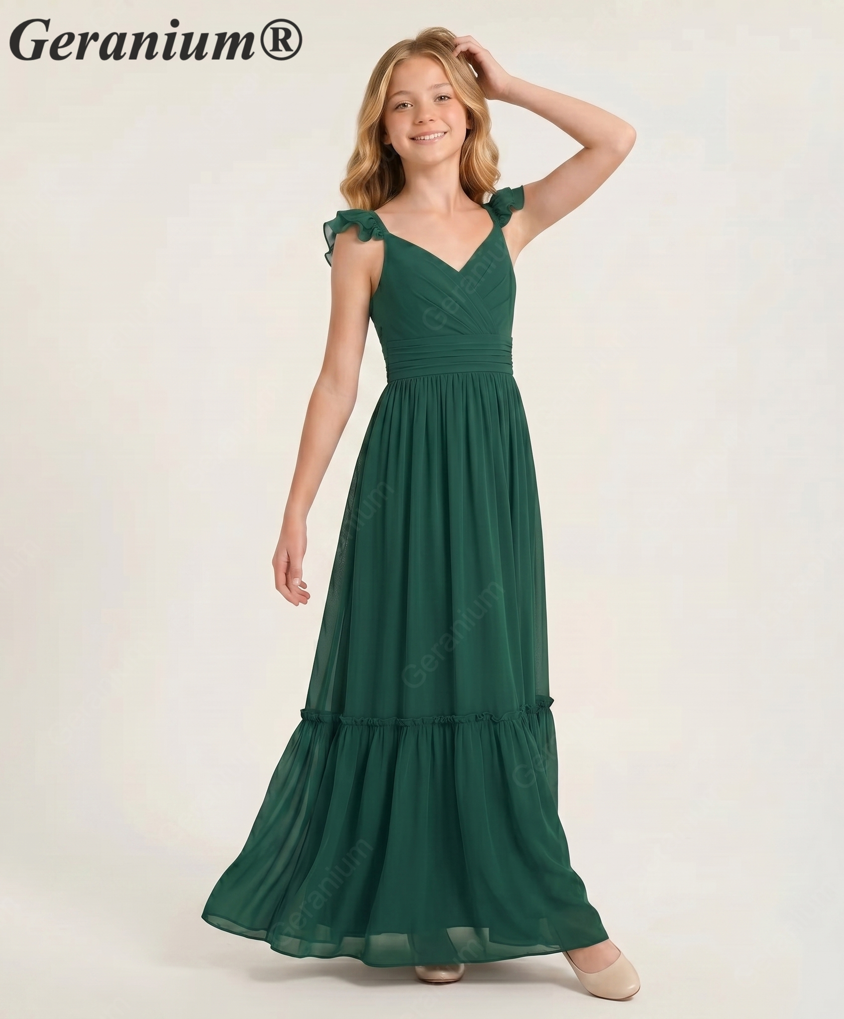 Geranium unior Dark Green Chiffon Ruffled Off-the-Shoulder Bridesmaid Maxi Dress with Tiered Hem KD-327