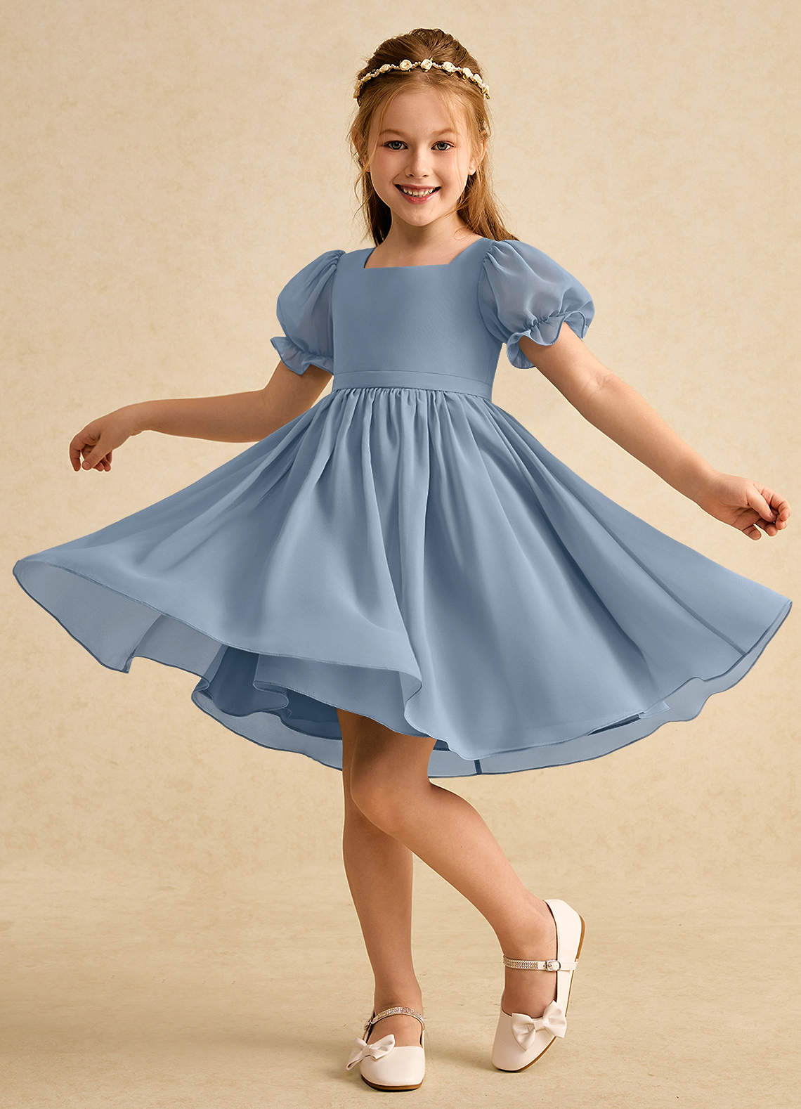 Geranium Elegant Square Neck Chiffon Flower Girl Dress with Puff Sleeves and Detachable Back Bow KD-301