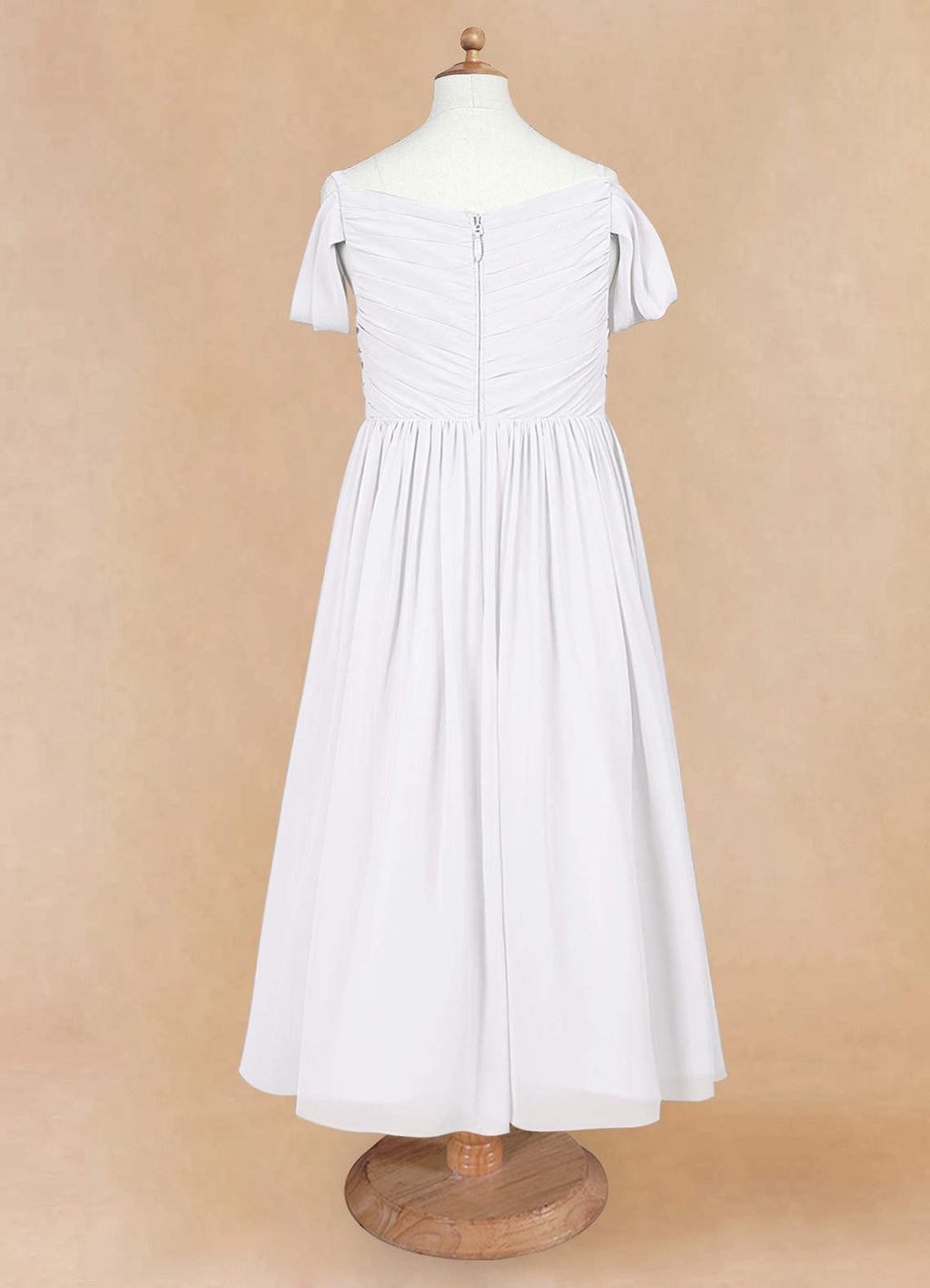 Geranium Cold Shoulder Chiffon Flower Girl Dress with Ruched V-Neck Bodice KD-260