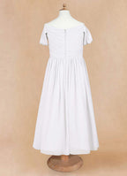 Geranium Cold Shoulder Chiffon Flower Girl Dress with Ruched V-Neck Bodice KD-260