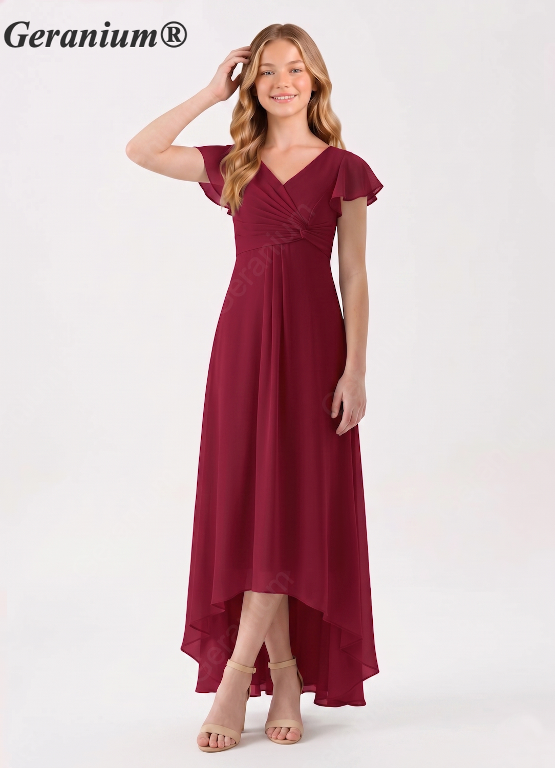 Geranium Burgundy Junior Bridesmaid Dress V-Neck Flutter Sleeve Chiffon High Low Formal Dress for Teen Girls KD-61