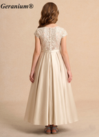 Geranium Champagne Lace Bodice Satin A-Line Flower Girl Dress with Detailed Hidden Pockets & Pearl Buttons KD-172