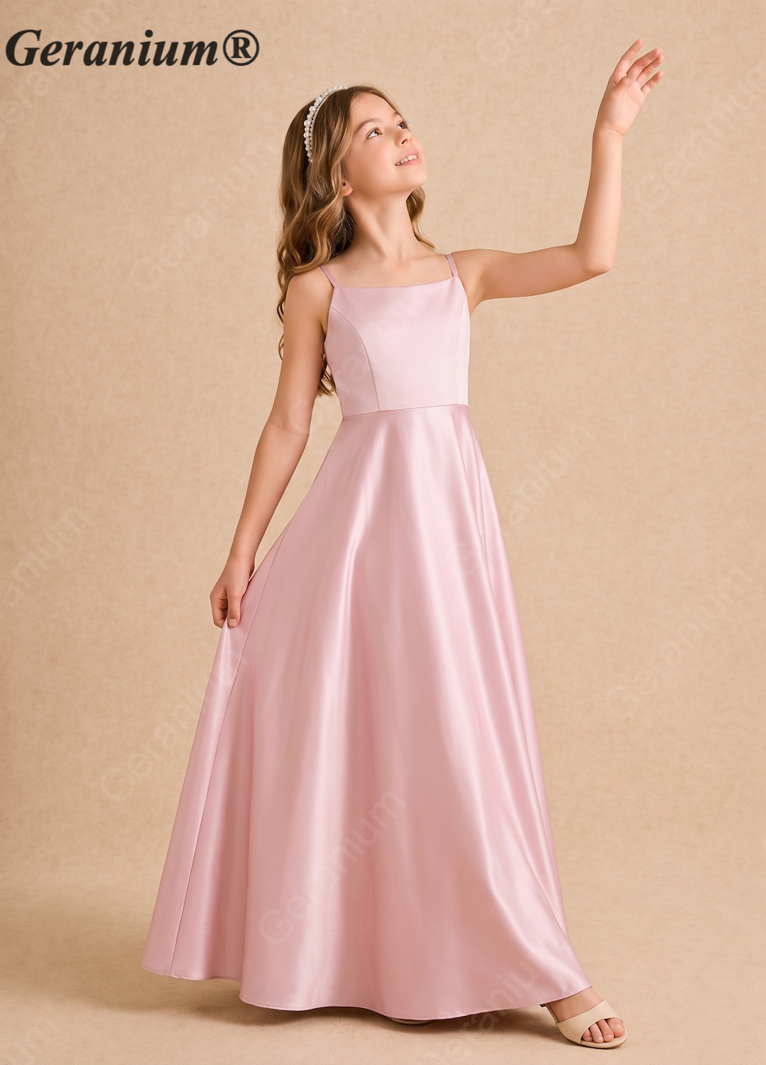 Geranium Elegant Satin Spaghetti Strap Junior Bridesmaid Dress with Statement Back Bow KD-215J