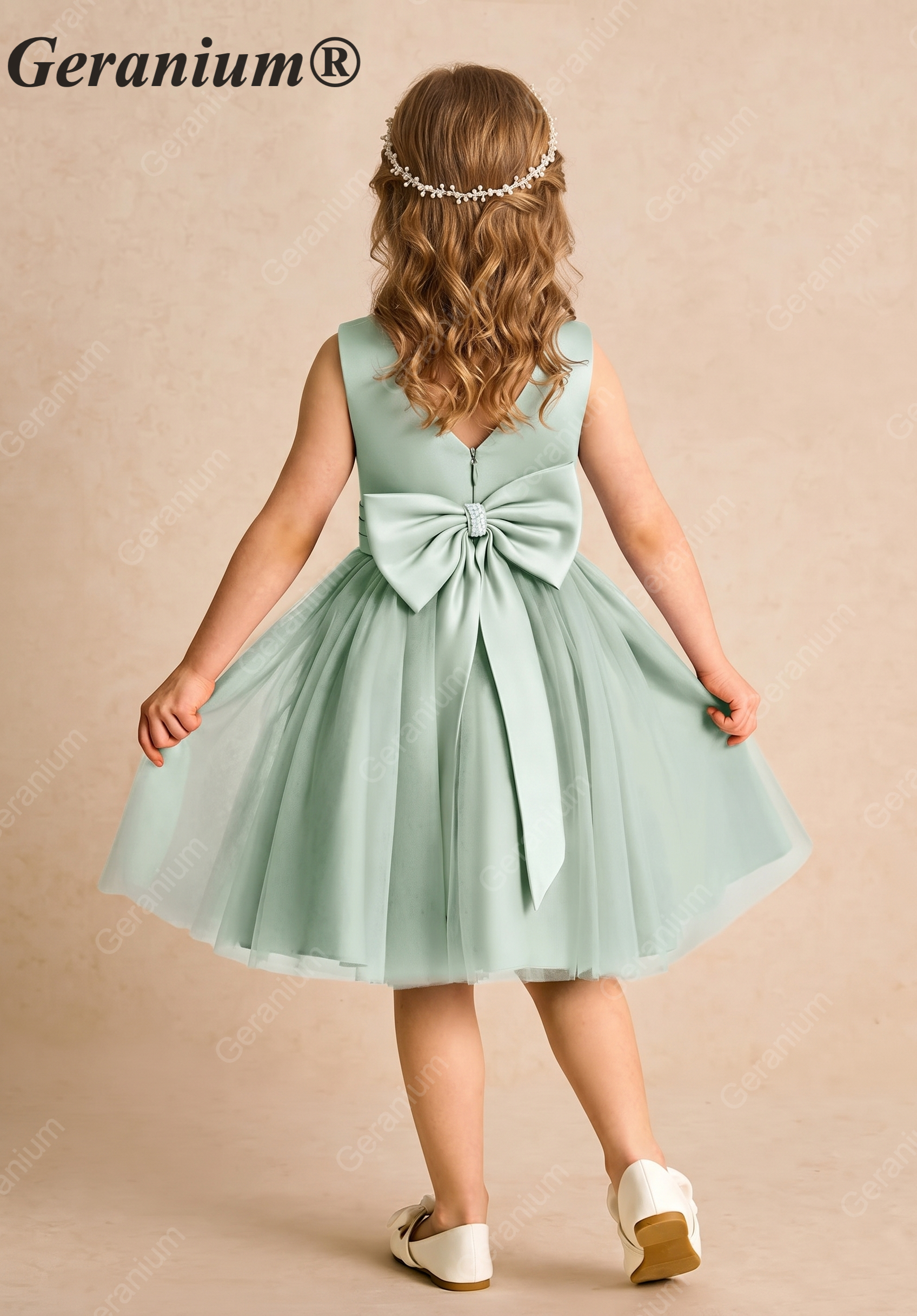 Geranium Sage Green Tulle Flower Girl Dress with Oversized Pearl Bow & Satin Bodice KD-256