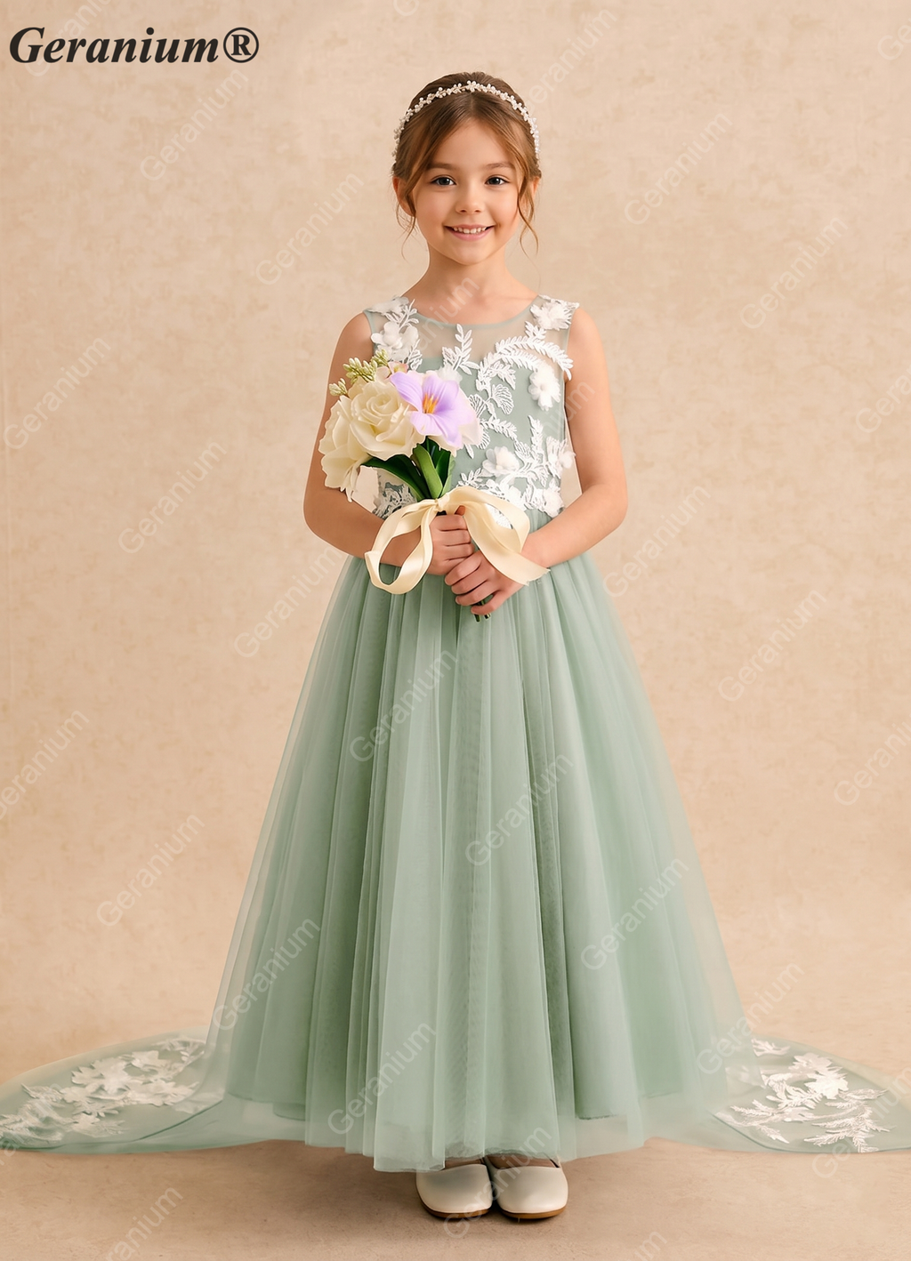 Geranium Enchanting Sage Green Tulle Flower Girl Dress with Floral Appliqués & Grand Bow Train KD-180