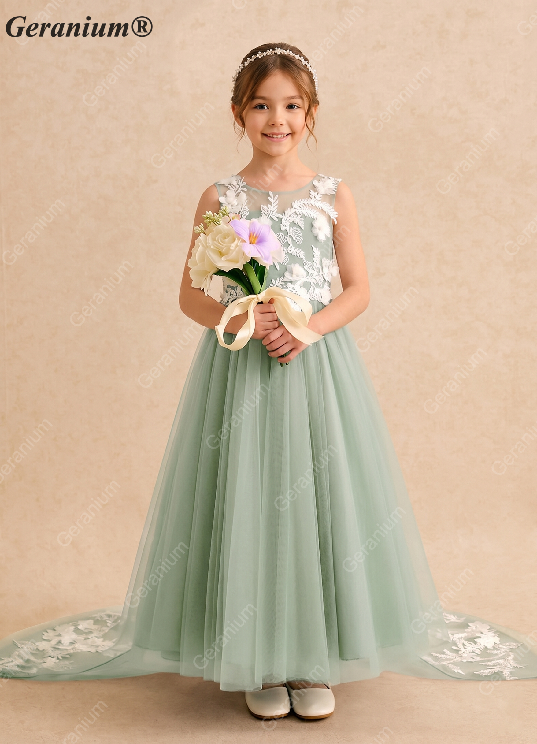 Geranium Enchanting Sage Green Tulle Flower Girl Dress with Floral Appliqués & Grand Bow Train KD-180