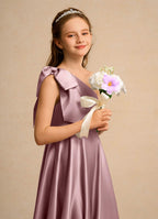 Geranium Elegant One-Shoulder Satin Junior Bridesmaid Dress with Oversized Bow - Floor Length Formal Gown for Girls KD-244