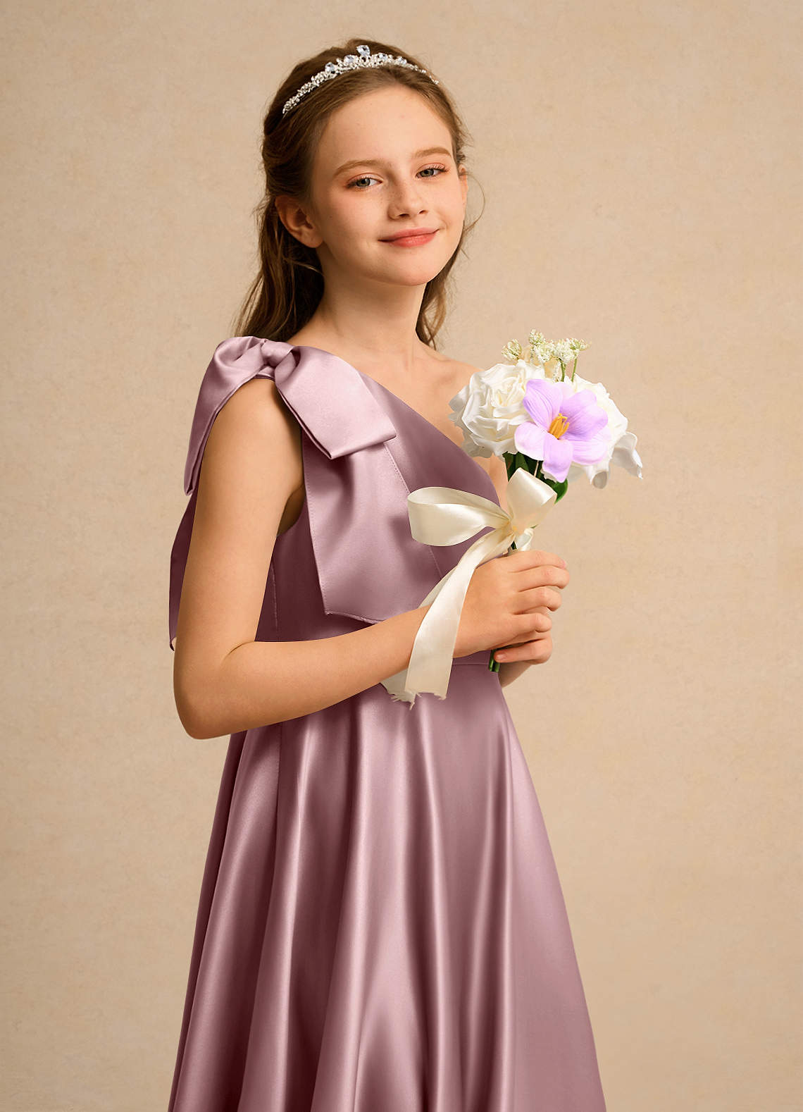 Geranium Elegant One-Shoulder Satin Junior Bridesmaid Dress with Oversized Bow - Floor Length Formal Gown for Girls KD-244
