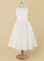 Geranium Elegant Satin Sleeveless Flower Girl Dress with Bow Sash - A-Line First Communion Princess Gown KD-261