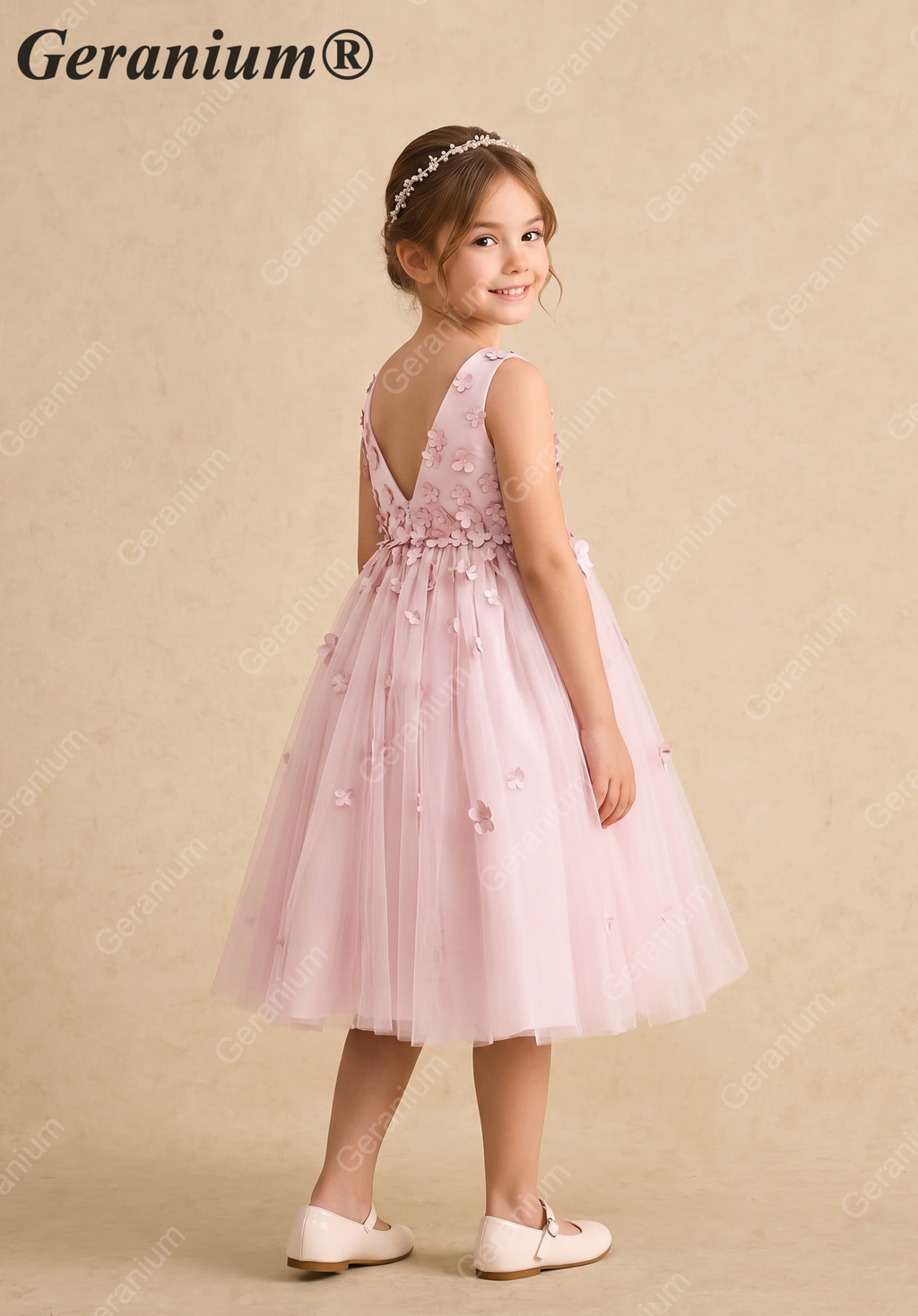 Geranium 3D Floral Applique Flower Girl Dress - Dusty Pink Tulle Princess Gown for Weddings & Birthdays KD-210