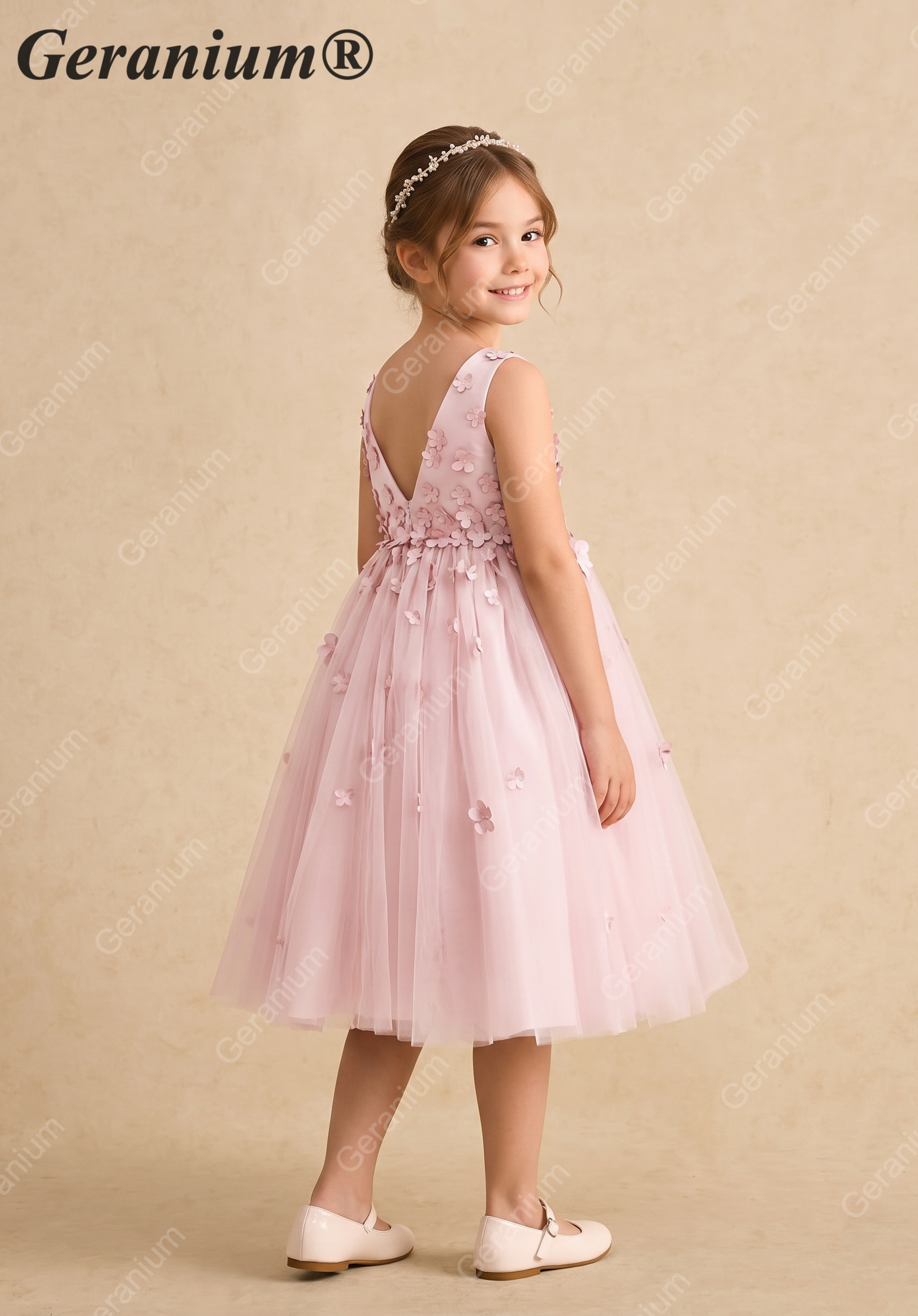 Geranium 3D Floral Applique Flower Girl Dress - Dusty Pink Tulle Princess Gown for Weddings & Birthdays KD-210