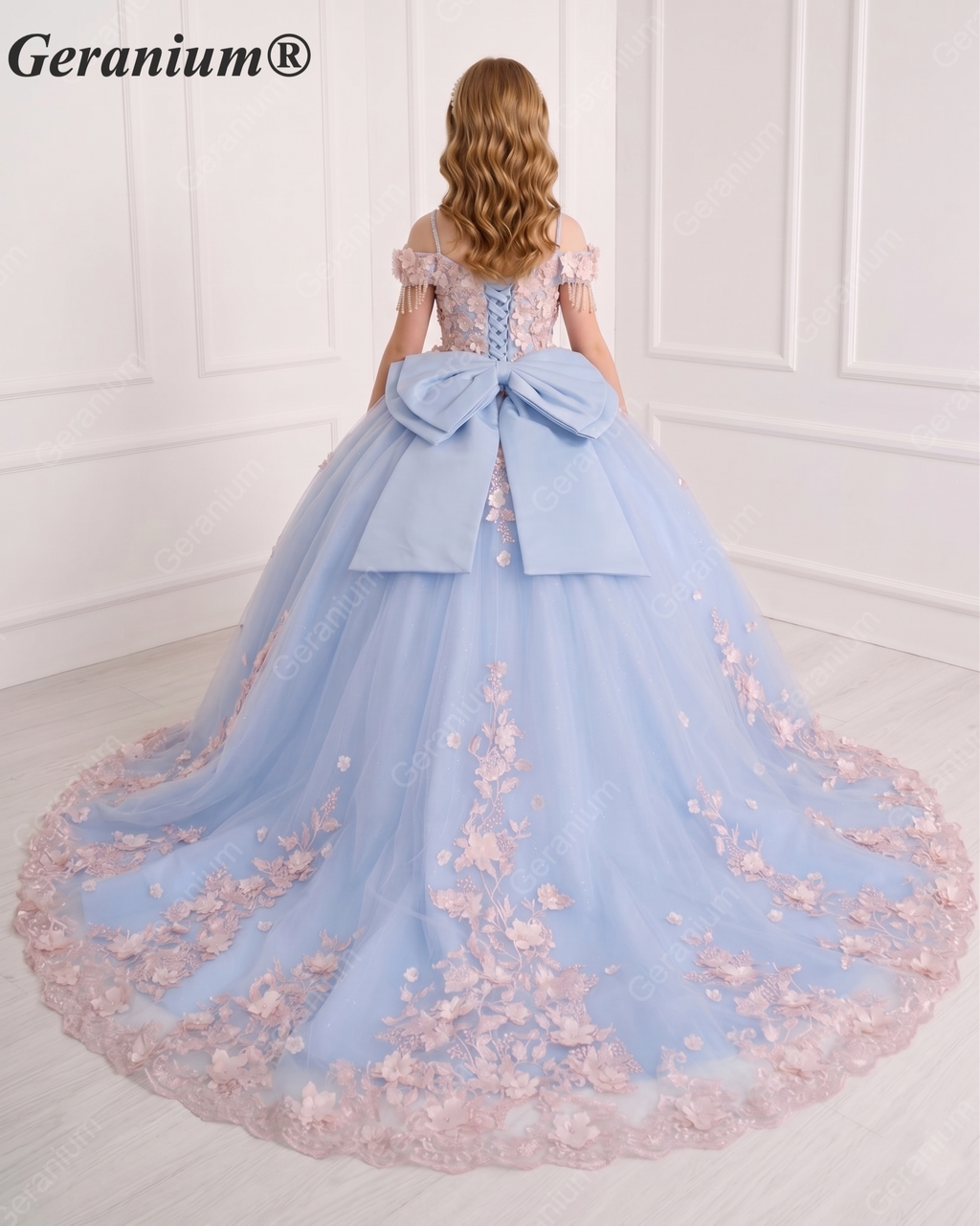 GeraniumGorgeous Light Blue Junior Ball Gown with Pink 3D Floral Applique & Oversized Bow | Off-Shoulder Tulle Dress KD-374
