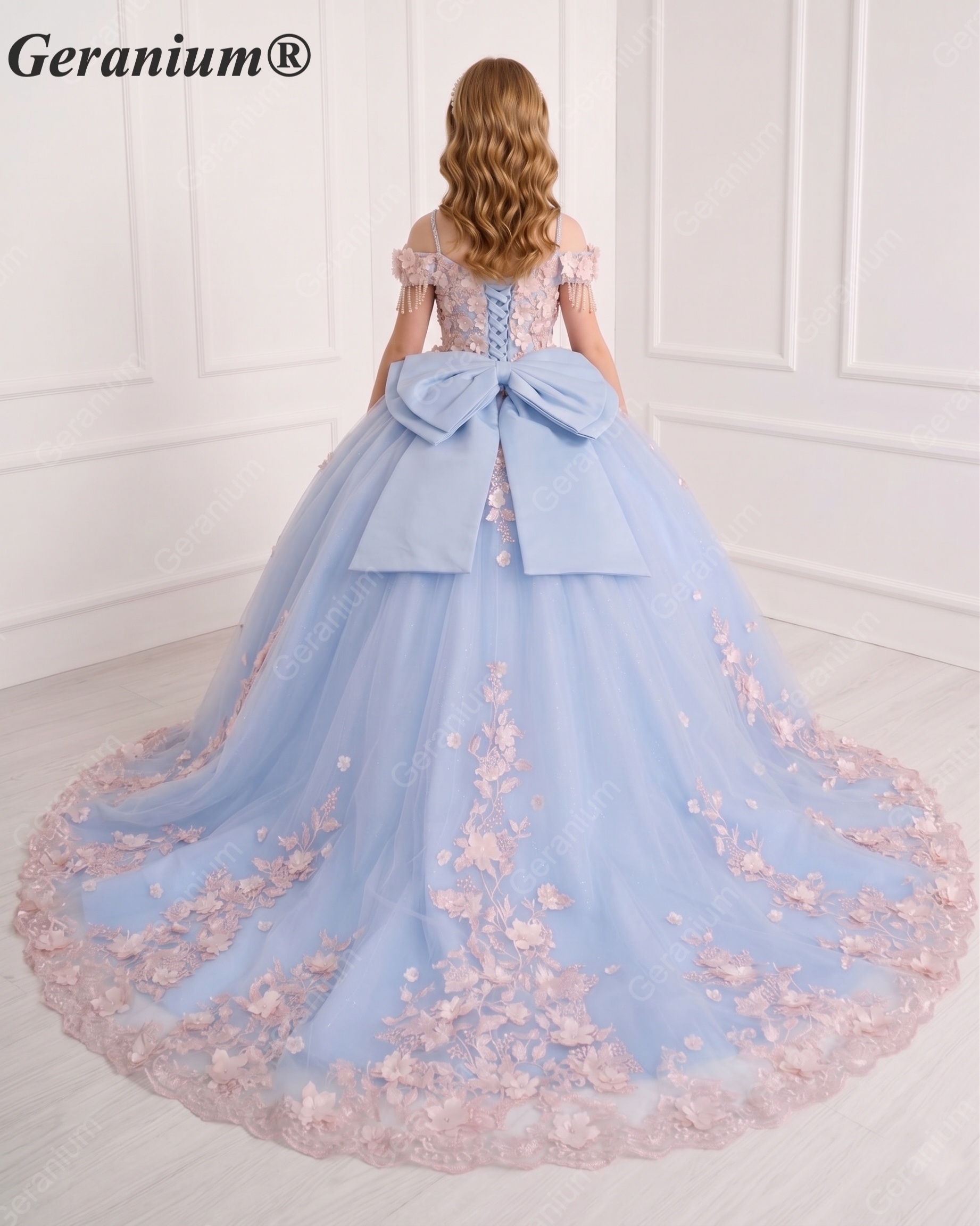 GeraniumGorgeous Light Blue Junior Ball Gown with Pink 3D Floral Applique & Oversized Bow | Off-Shoulder Tulle Dress KD-374