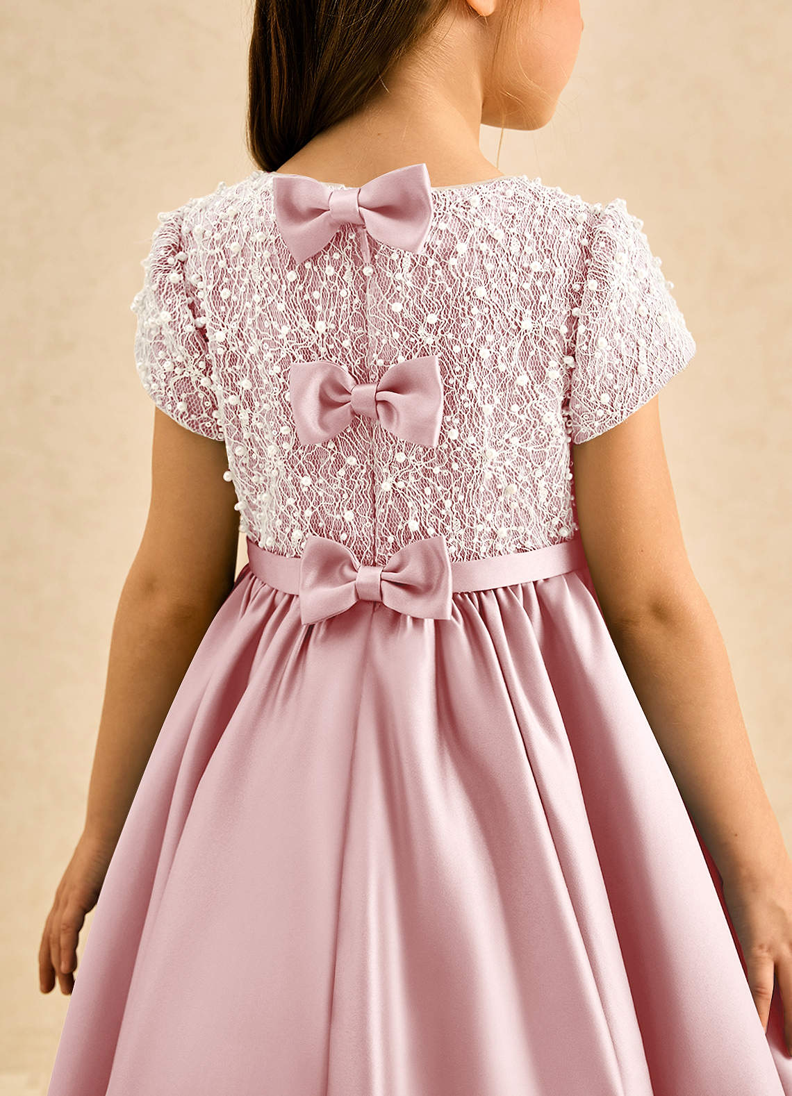 Geranium Elegant Pink Pearl Beaded Lace Flower Girl Dress with Triple Bow Back & Satin A-Line Skirt KD-237