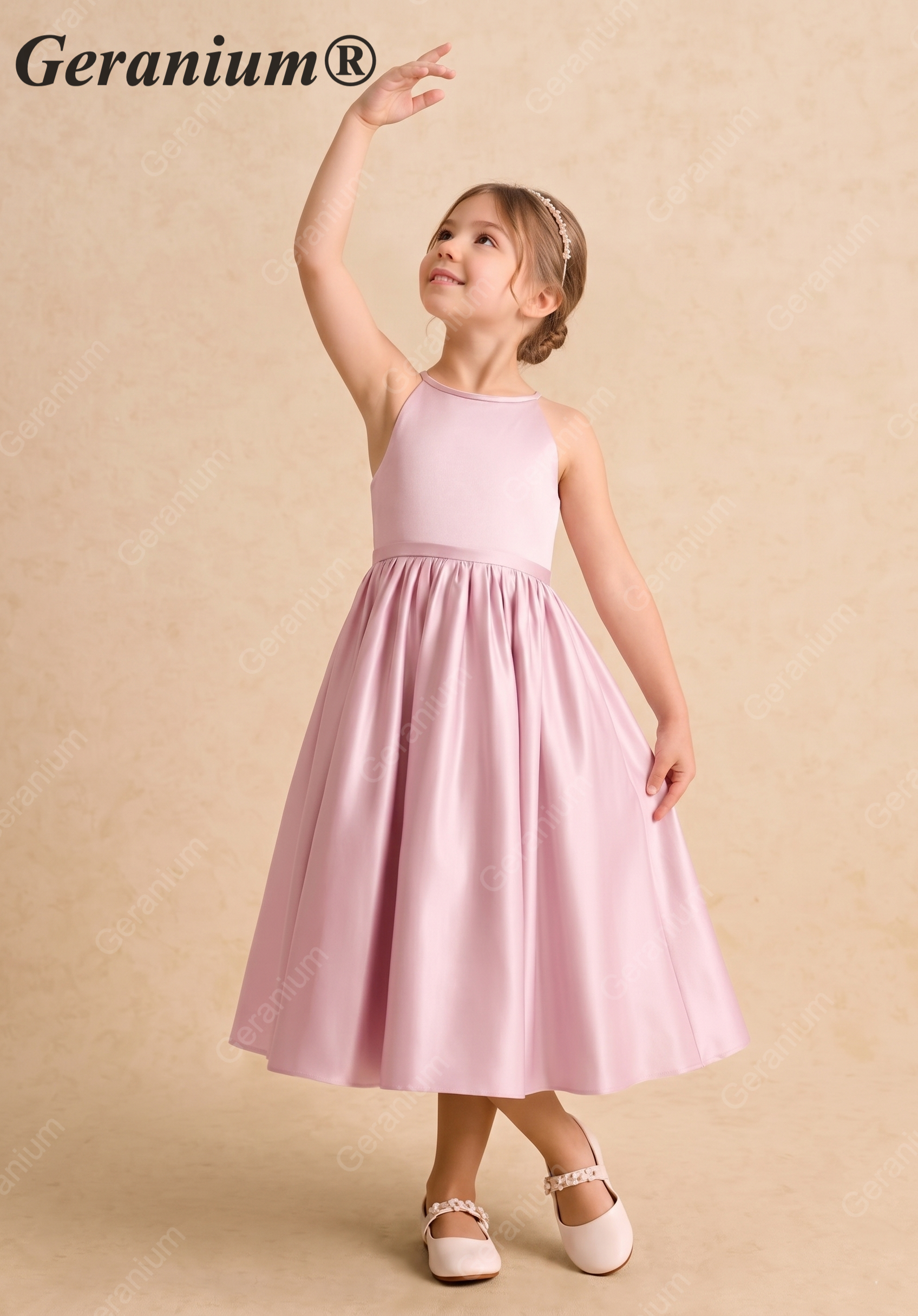 Geranium Elegant Pink Satin Flower Girl Dress - Halter Neck A-Line Junior Bridesmaid Gown with Open Back Bow KD-264